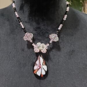 Womens Fashion Multicolor Glass Stone Floral Pendant Glass Beads Collar Necklace